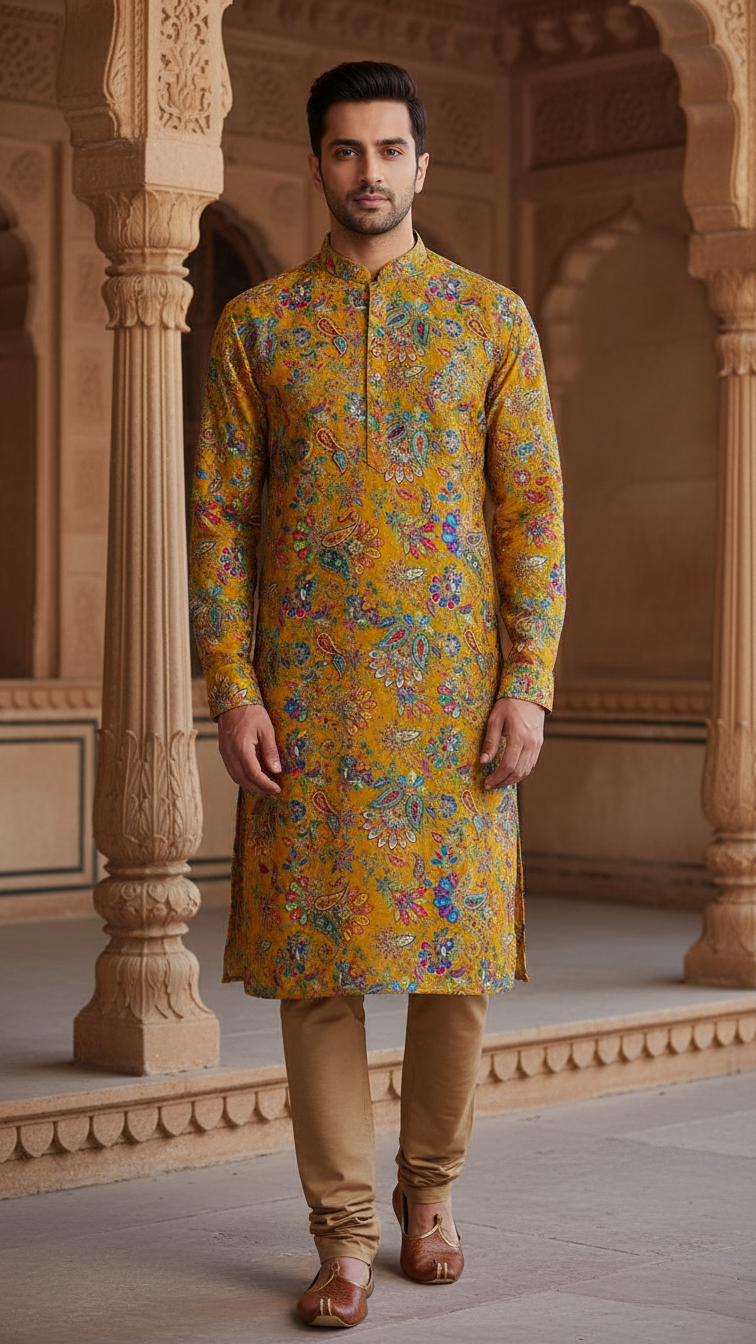 Men's Multicolor Crepe Position Print embroidery Kurta Only Fabric