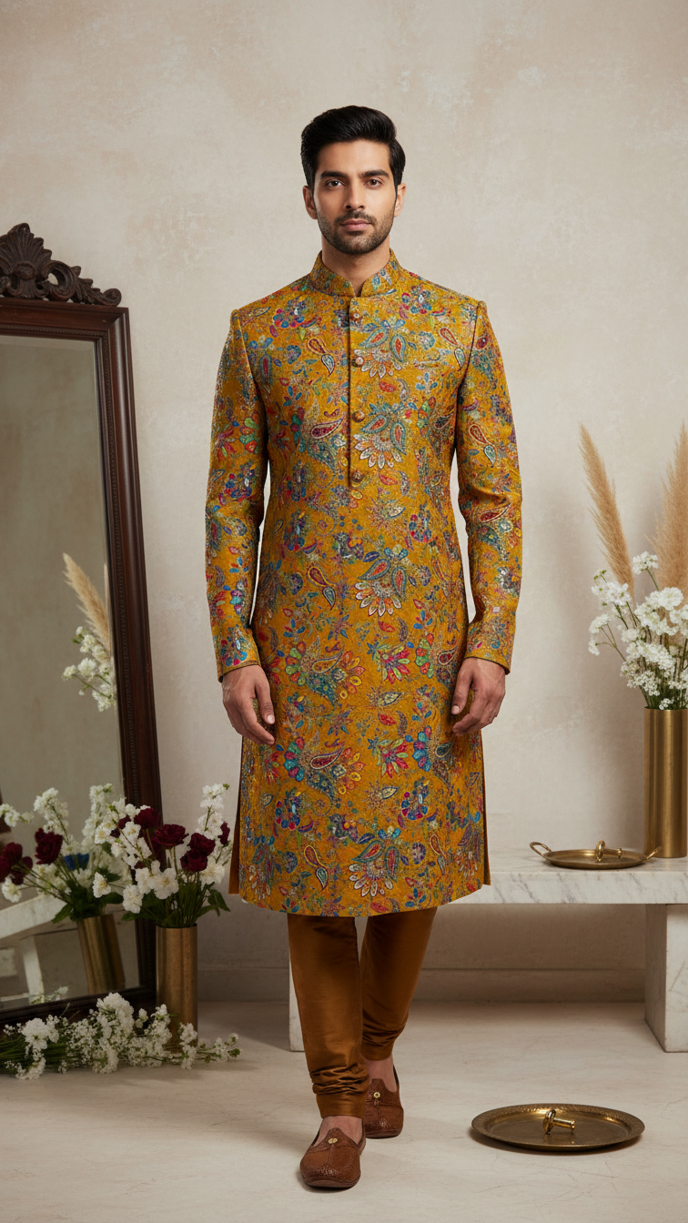 Men's Multicolor Crepe Position Print embroidery Kurta Only Fabric