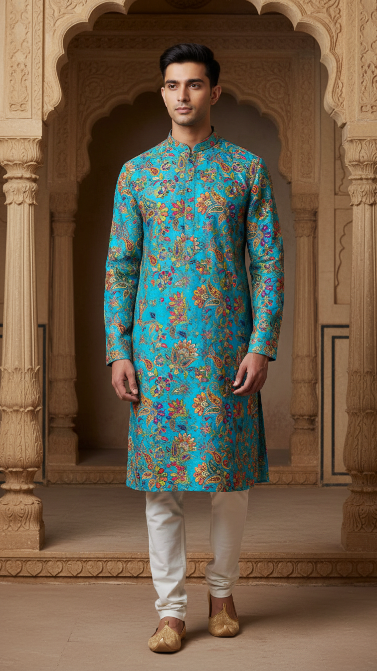 Men's Multicolor Crepe Position Print embroidery Kurta Only Fabric
