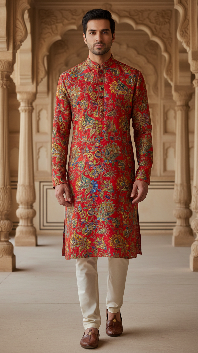 Men's Multicolor Crepe Position Print embroidery Kurta Only Fabric