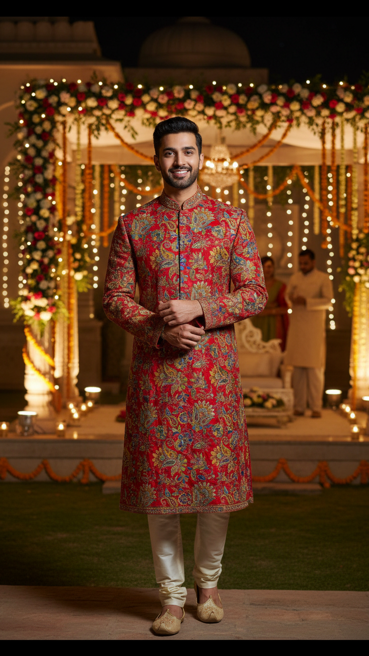 Men's Multicolor Crepe Position Print embroidery Kurta Only Fabric