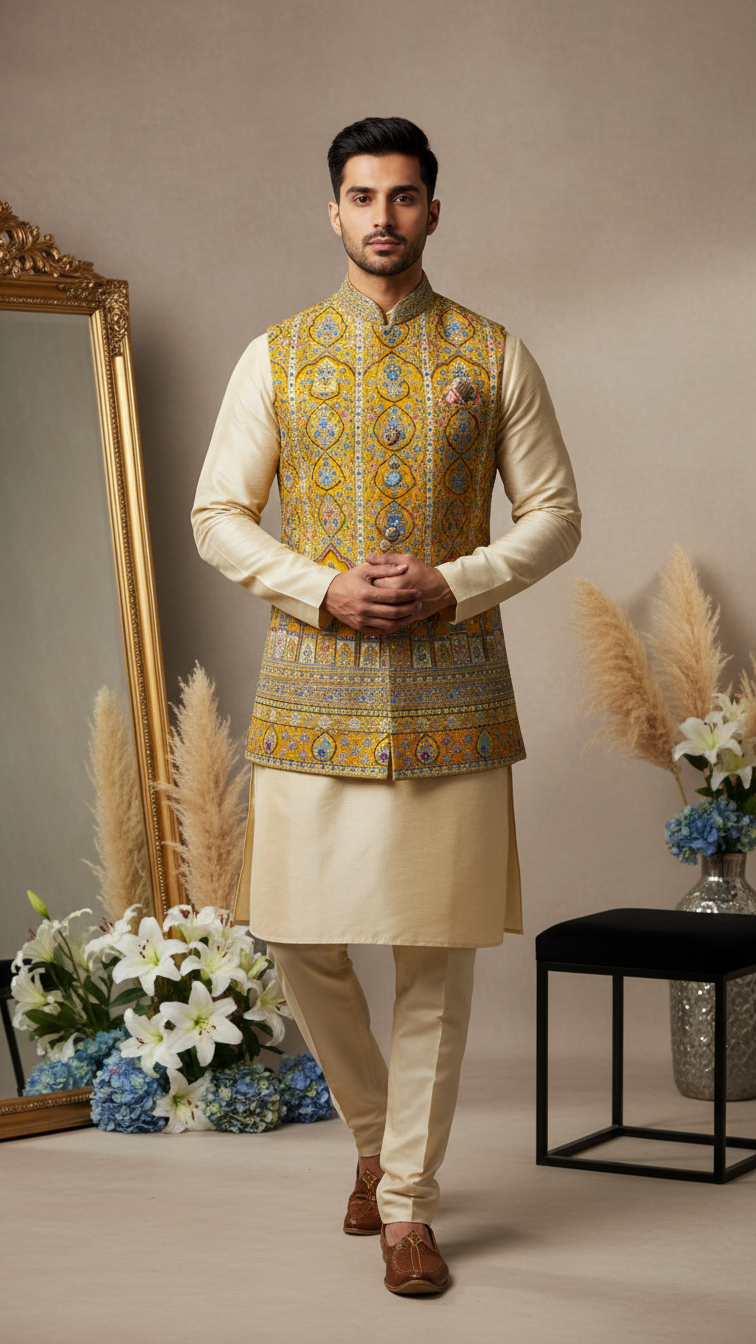 Royal Yellow Colour Position Print Koti Men Nehru Jacket Only Fabric