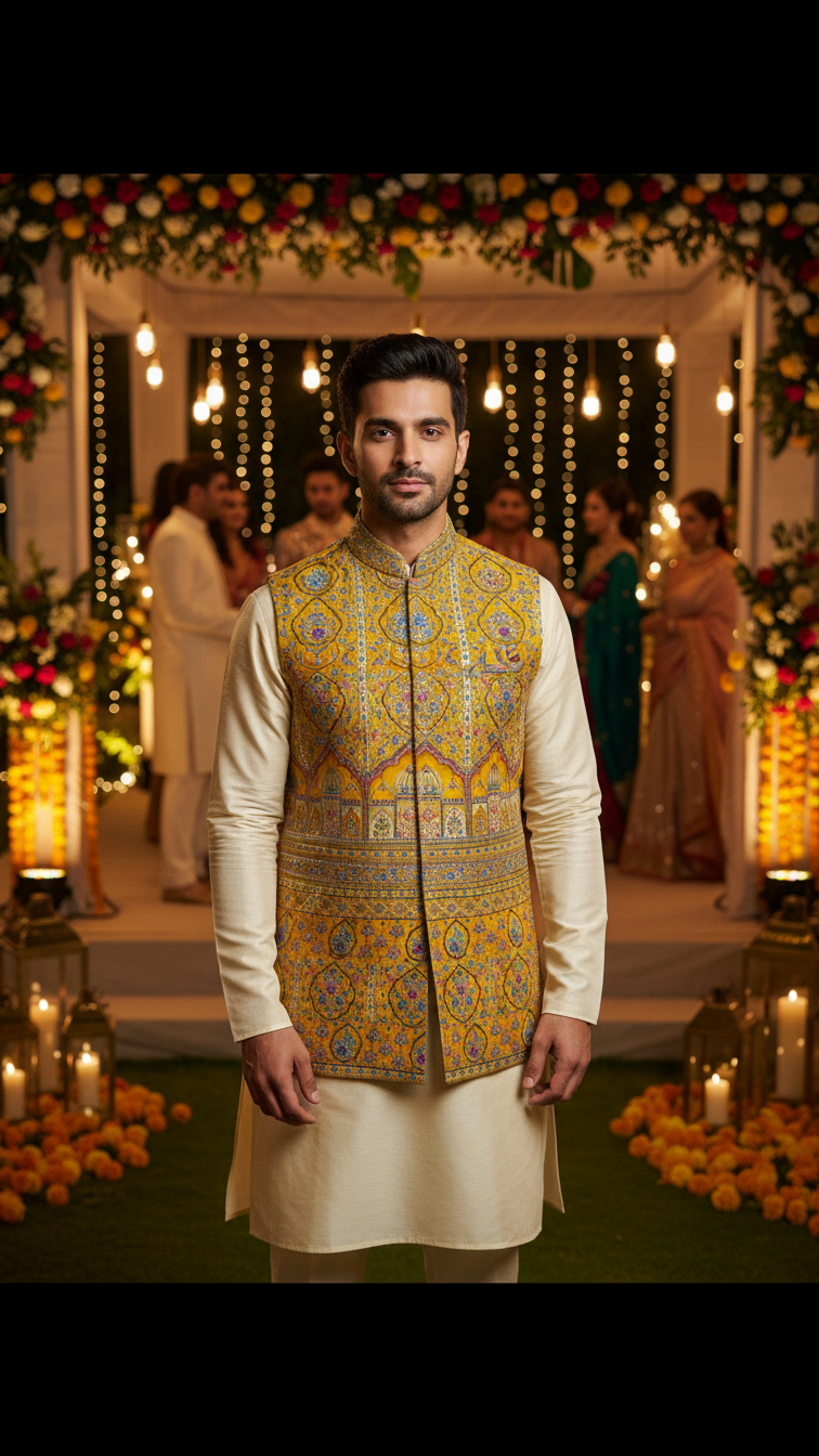 Royal Yellow Colour Position Print Koti Men Nehru Jacket Only Fabric