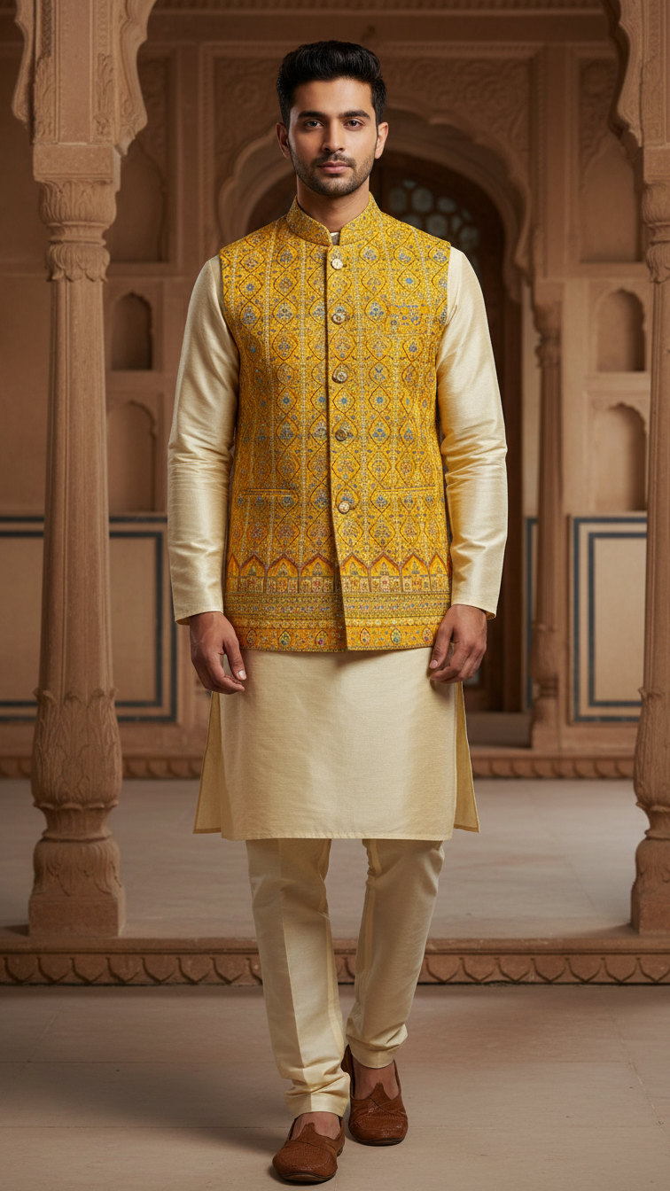 Mustad Colour Position Print Koti Men Nehru Jacket Only Fabric