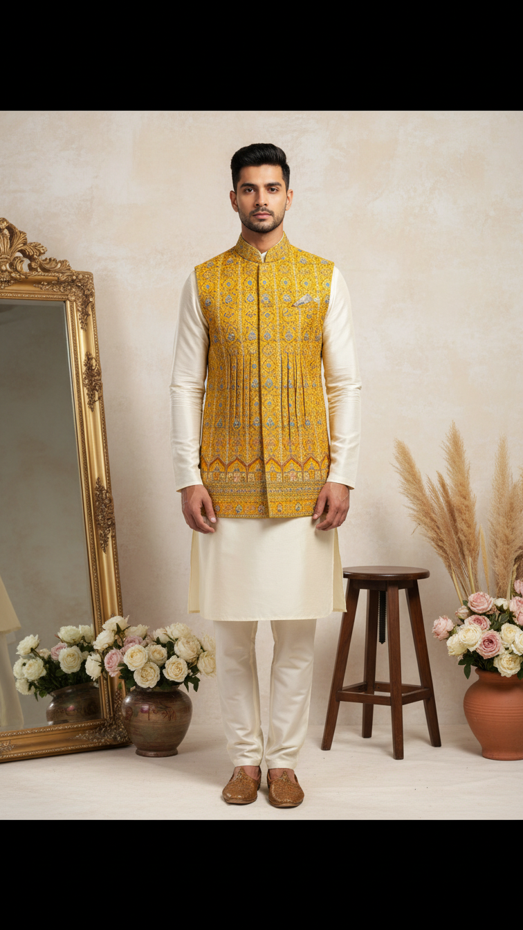 Mustad Colour Position Print Koti Men Nehru Jacket Only Fabric