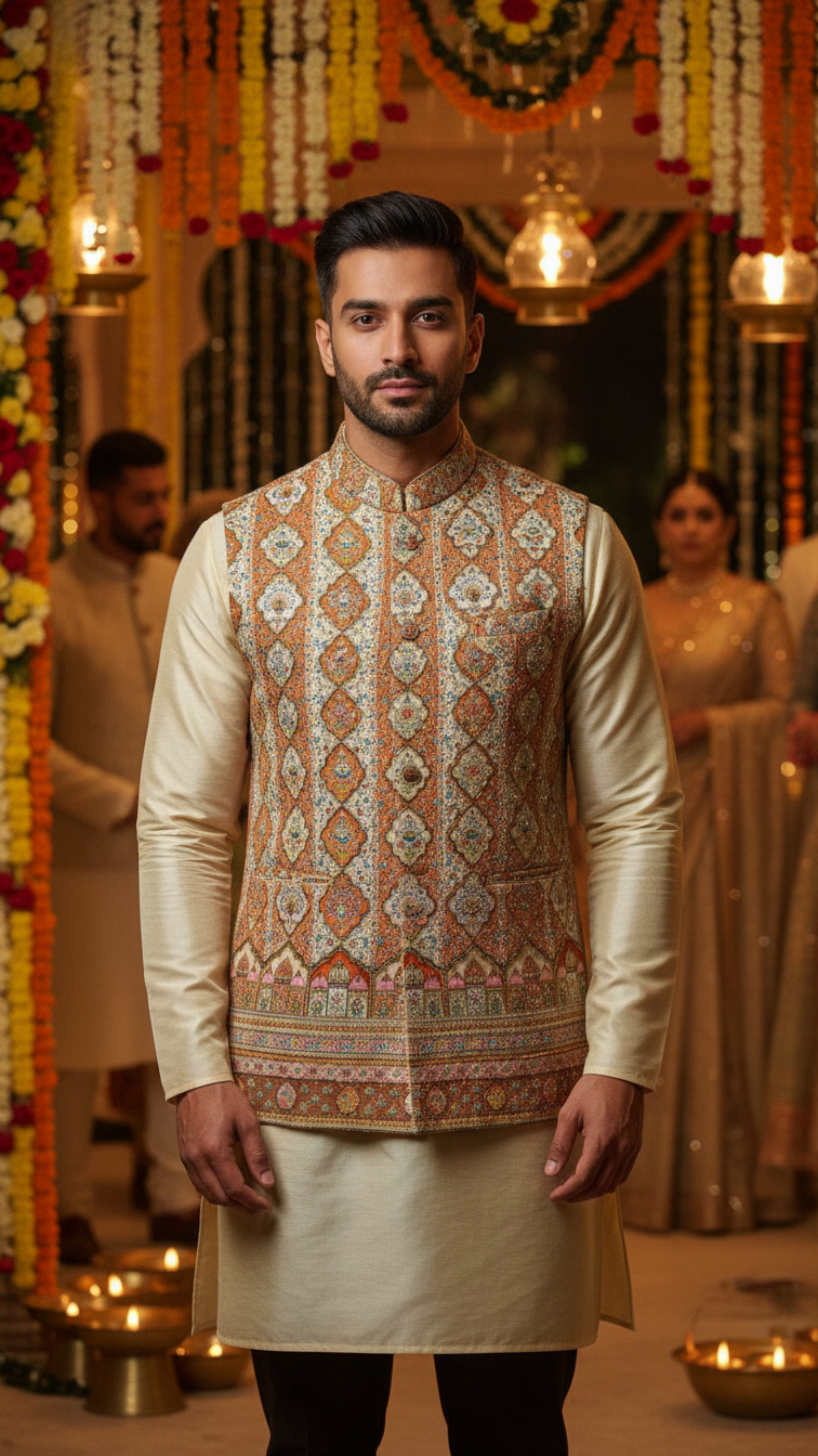 Warm Beige Colour Position Print Koti Men Nehru Jacket Only Fabric