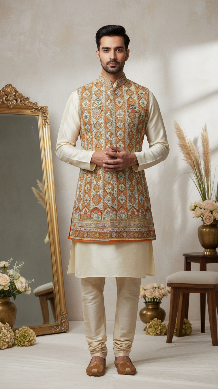 Warm Beige Colour Position Print Koti Men Nehru Jacket Only Fabric