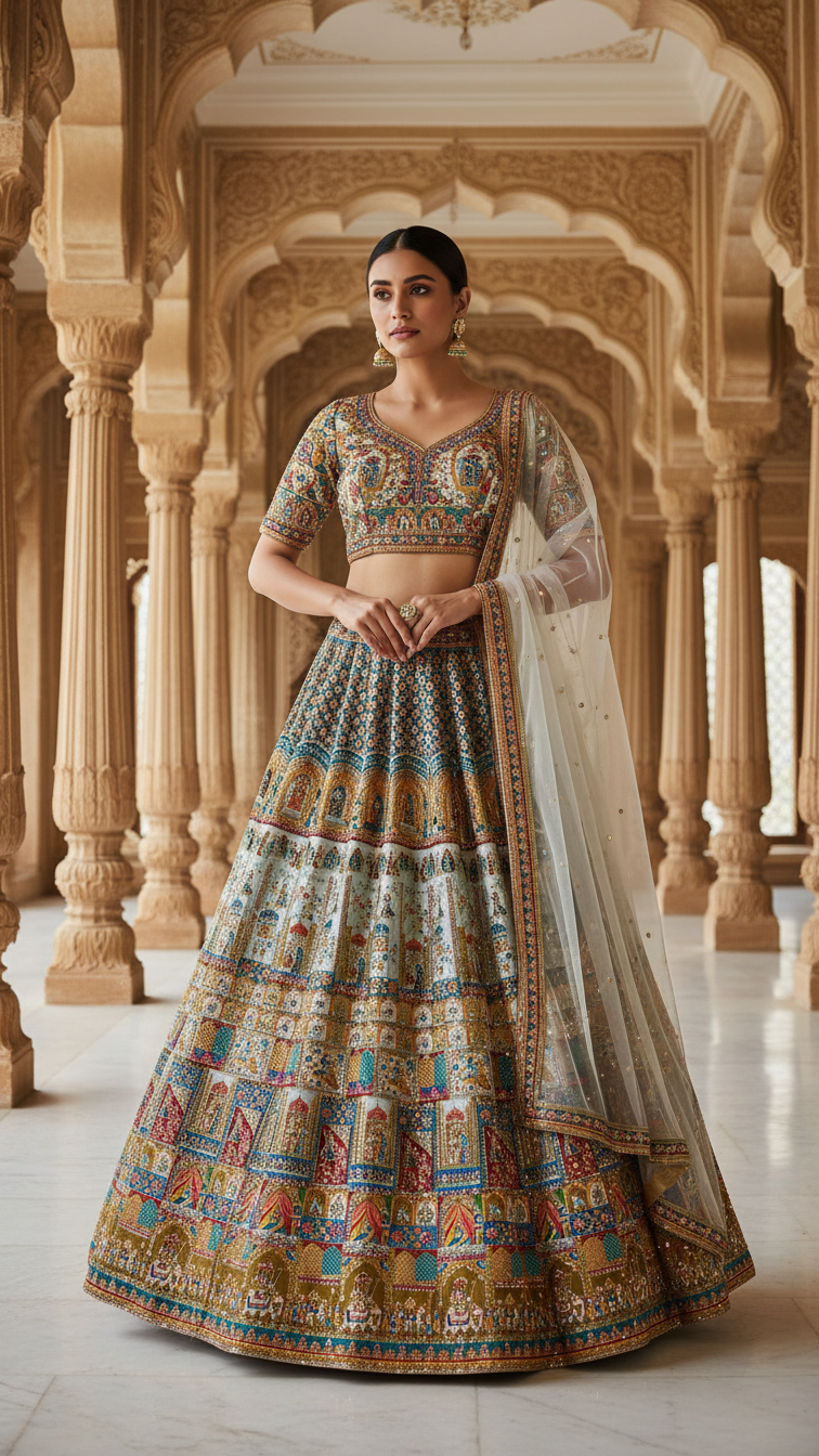Off_white Teal Gold Colour Embroidery Heavy Lehenga Only Fabric