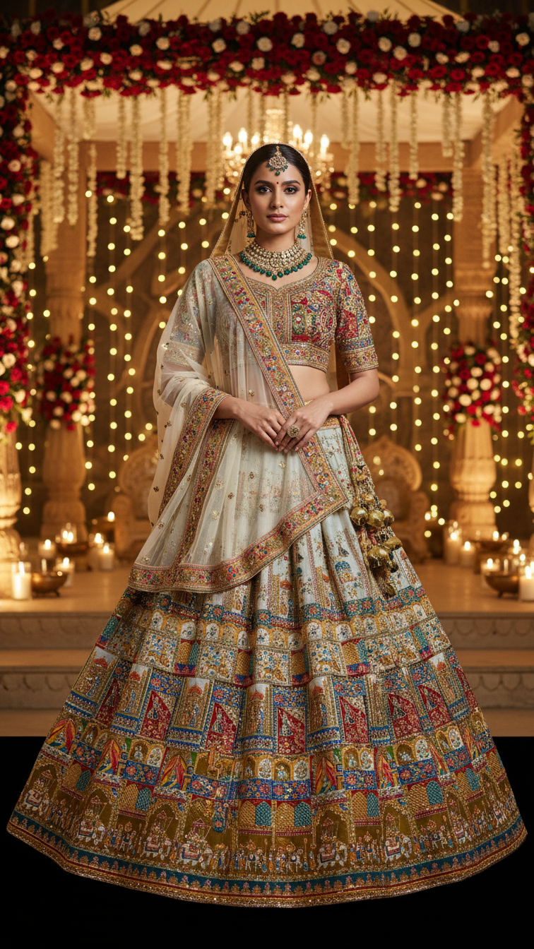 Off_white Teal Gold Colour Embroidery Heavy Lehenga Only Fabric