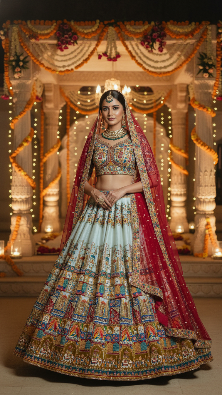 Off_white Teal Gold Colour Embroidery Heavy Lehenga Only Fabric