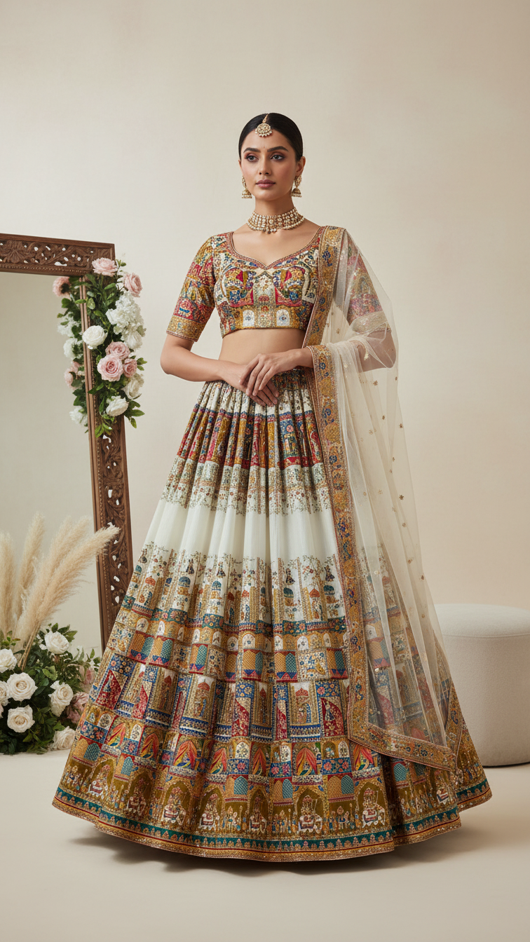 Off_white Teal Gold Colour Embroidery Heavy Lehenga Only Fabric