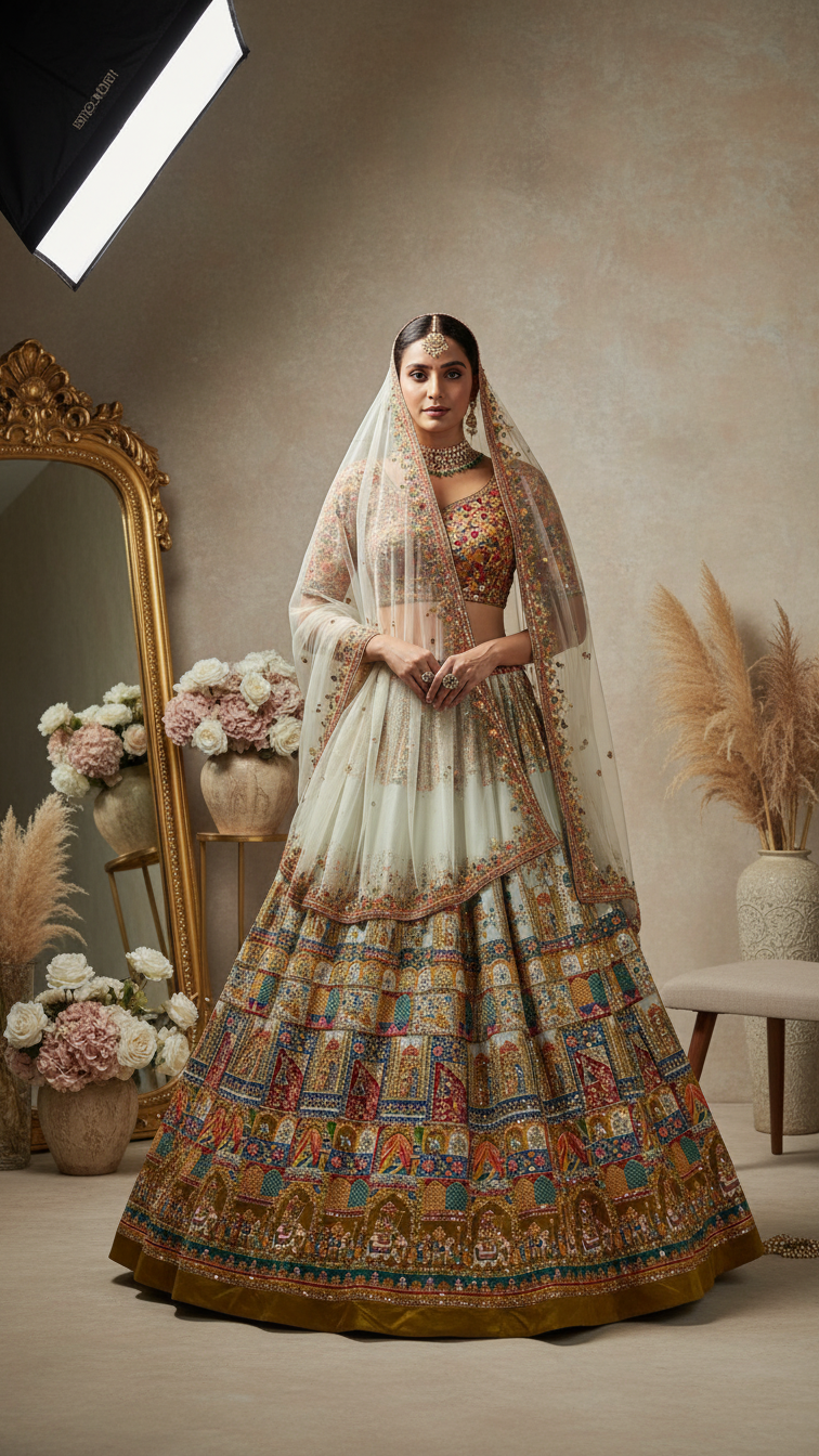 Off_white Teal Gold Colour Embroidery Heavy Lehenga Only Fabric