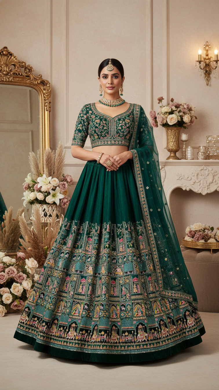 Green Colour Embroidery Heavy Lehenga Only Fabric