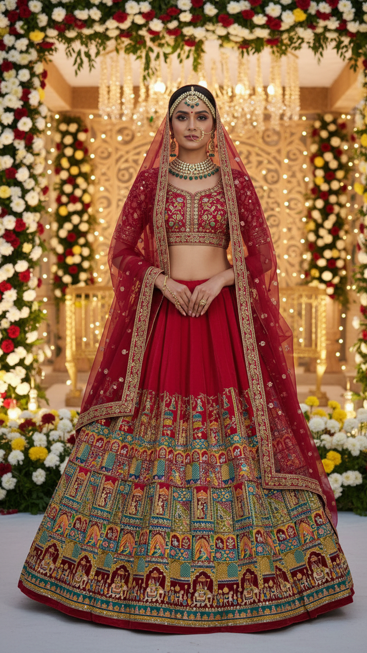 Red Colour Embroidery Heavy Lehenga Only Fabric