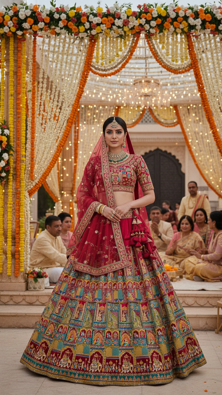 Red Colour Embroidery Heavy Lehenga Only Fabric
