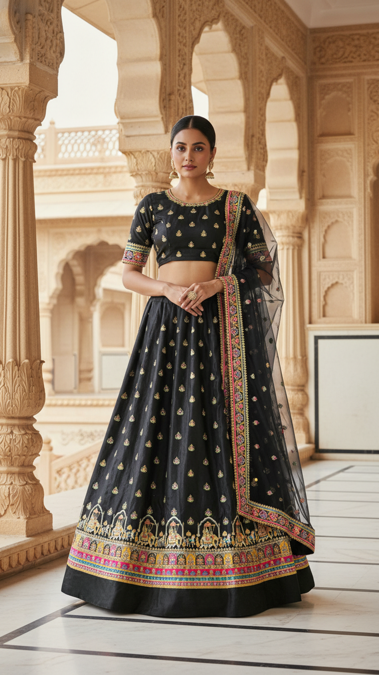 Crepe Beautiful Embroidery Lehenga Only Fabric (Multicolour)