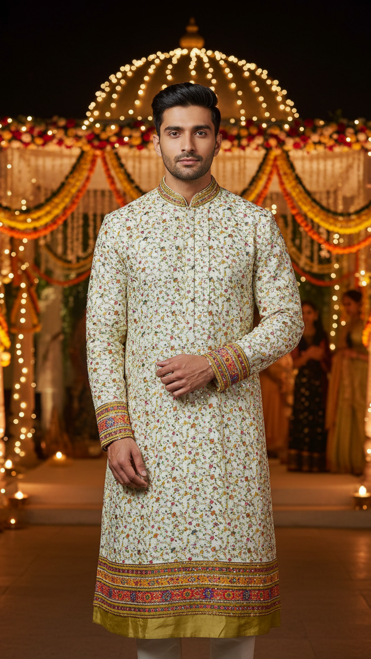 Men's Crepe Position Print embroidery Kurta Only Fabric (Multicolour)