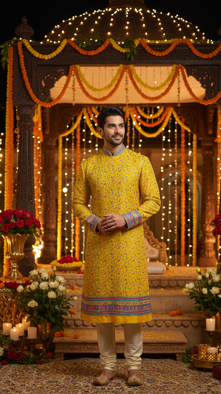 Men's Crepe Position Print embroidery Kurta Only Fabric (Multicolour)