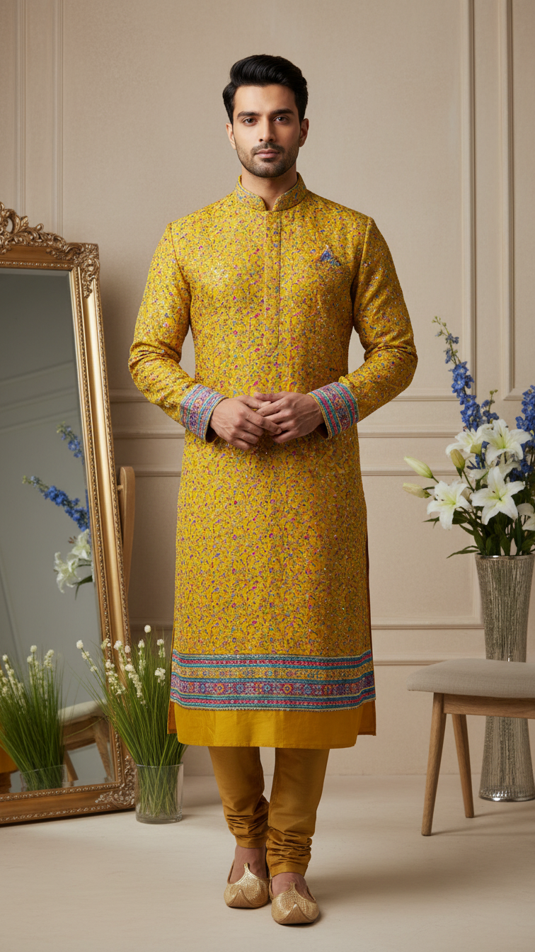 Men's Crepe Position Print embroidery Kurta Only Fabric
