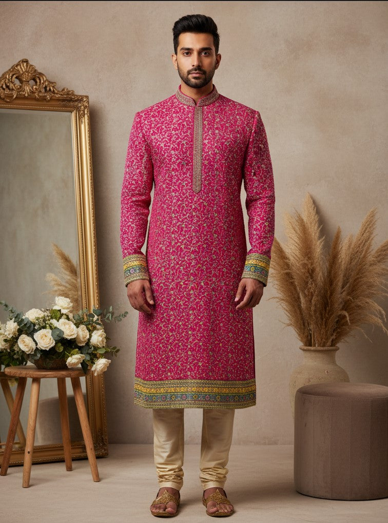 Men's Crepe Position Print embroidery Kurta Only Fabric