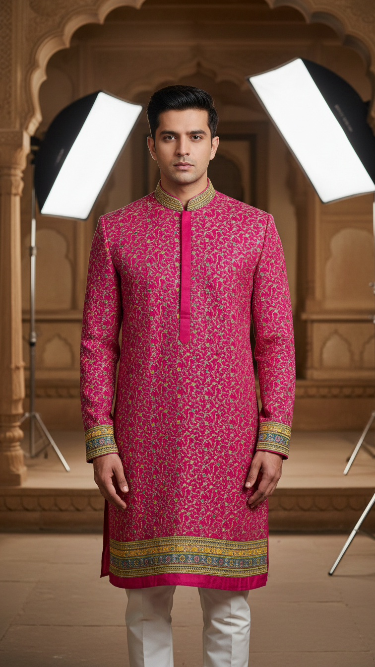 Men's Crepe Position Print embroidery Kurta Only Fabric