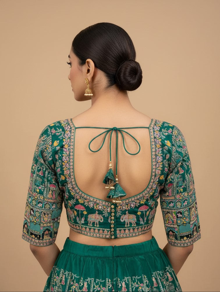 Green Colour Position Print Blouse Only Fabric