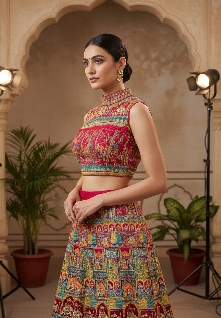 Red Colour Position Print Blouse Only Fabric