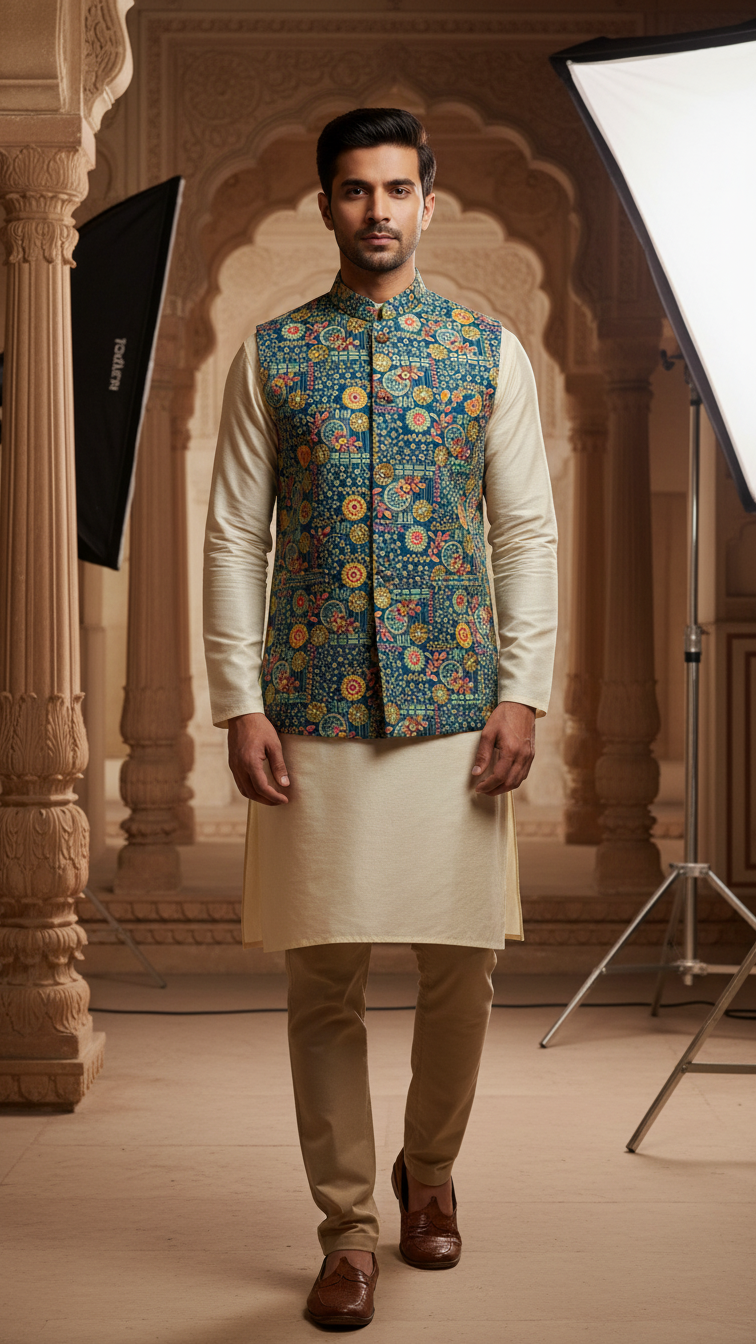 Designer Position Print Nehru Jacket Koti Only Fabric