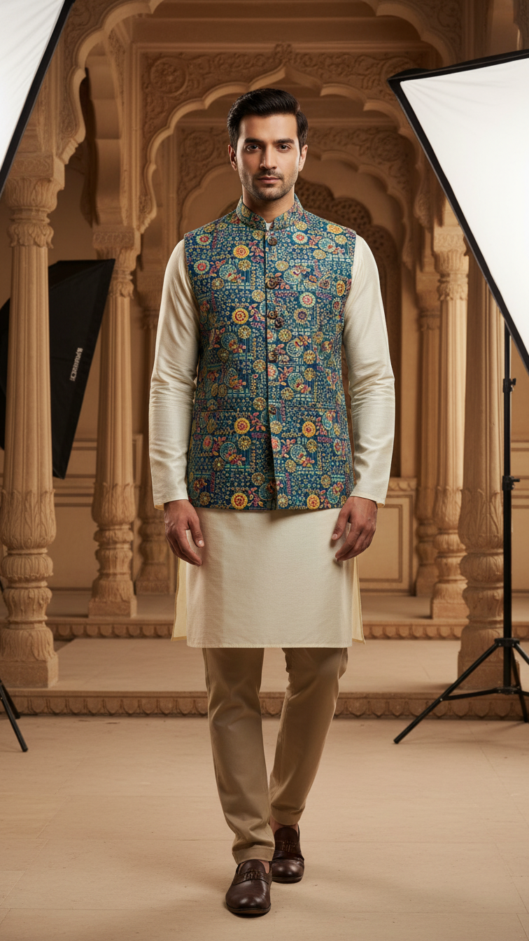 Designer Position Print Nehru Jacket Koti Only Fabric