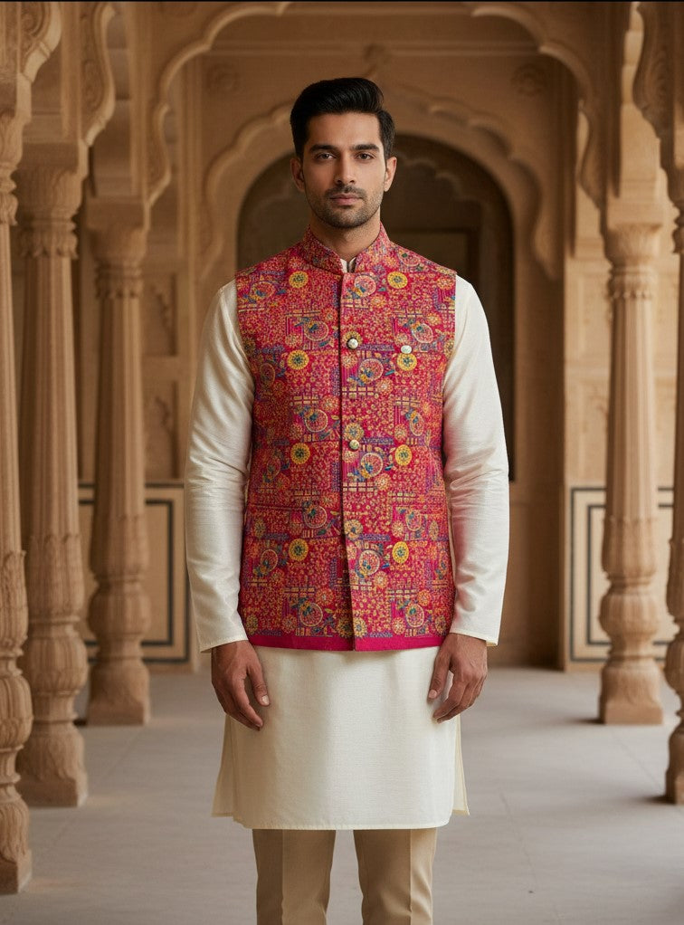 Designer Position Print Nehru Jacket Koti Only Fabric