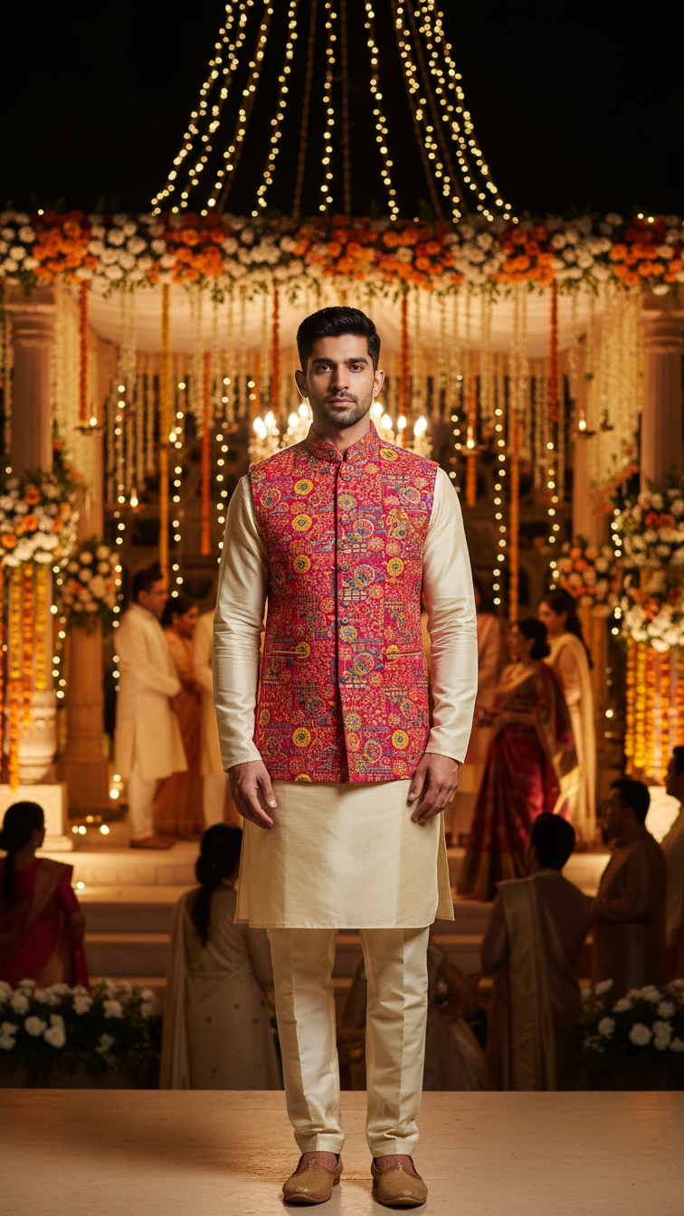 Designer Position Print Nehru Jacket Koti Only Fabric