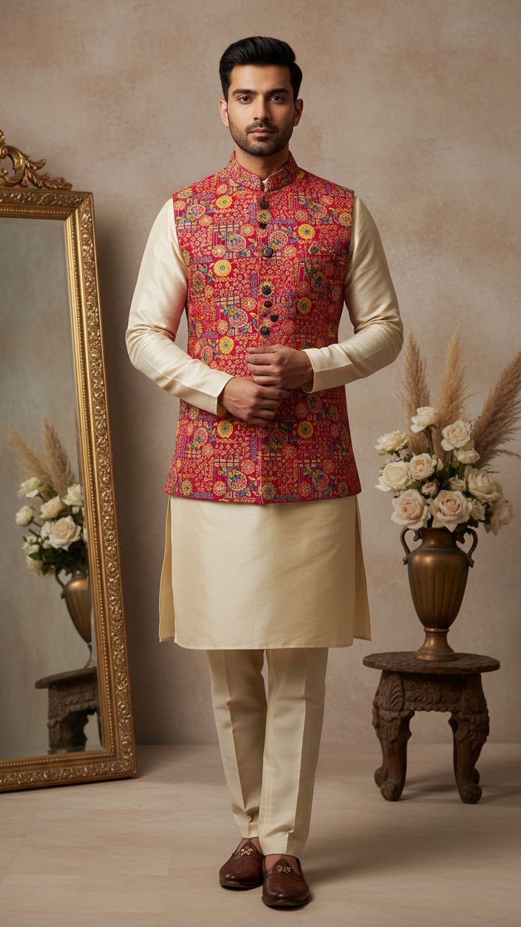 Designer Position Print Nehru Jacket Koti Only Fabric