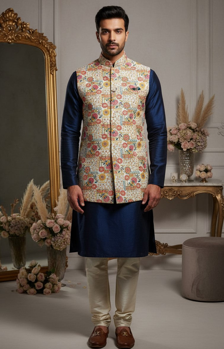 Designer Position Print Nehru Jacket Koti Only Fabric