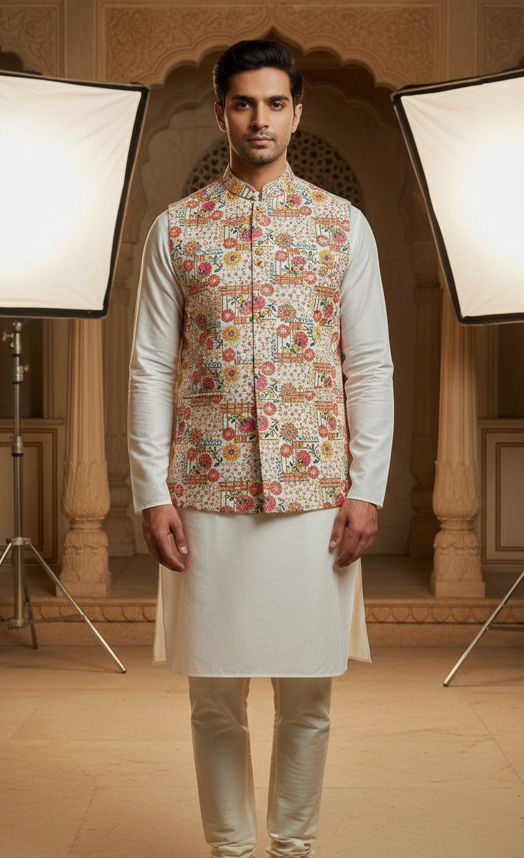 Designer Position Print Nehru Jacket Koti Only Fabric
