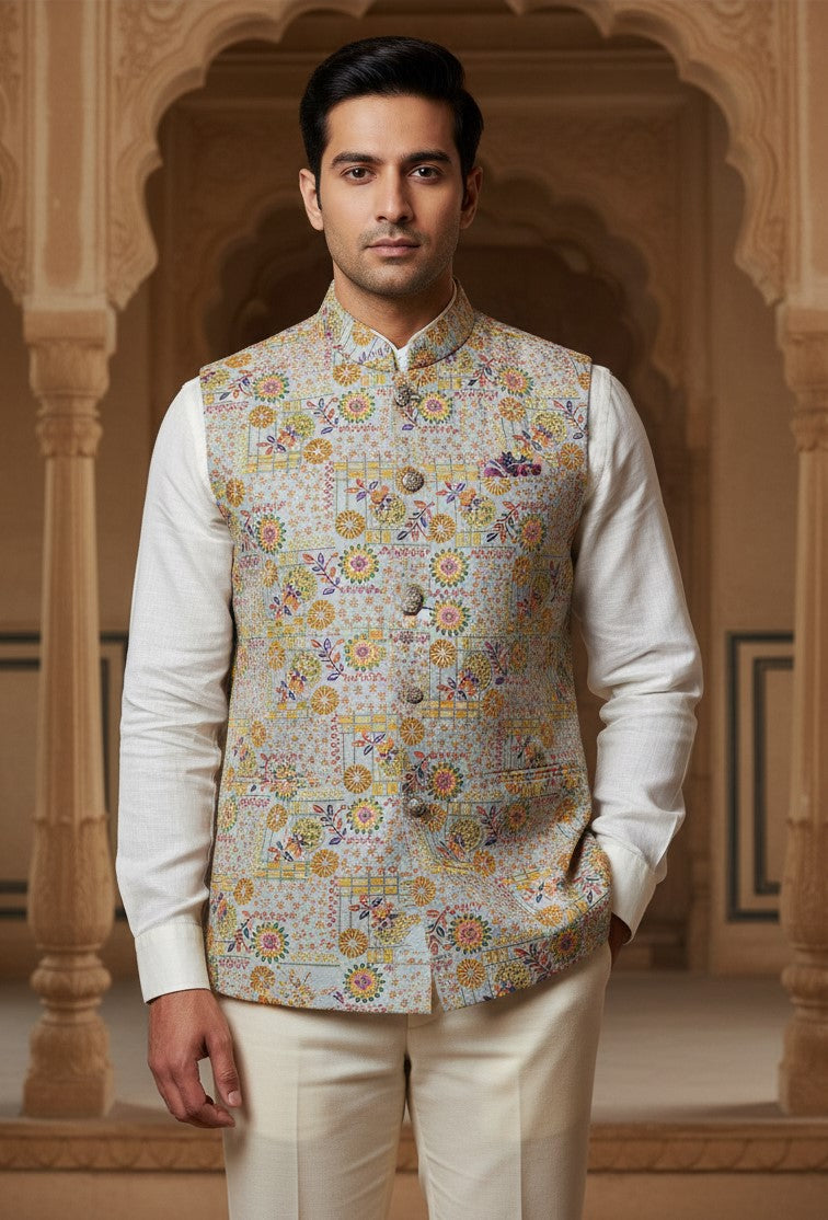 Designer Position Print Nehru Jacket Koti Only Fabric