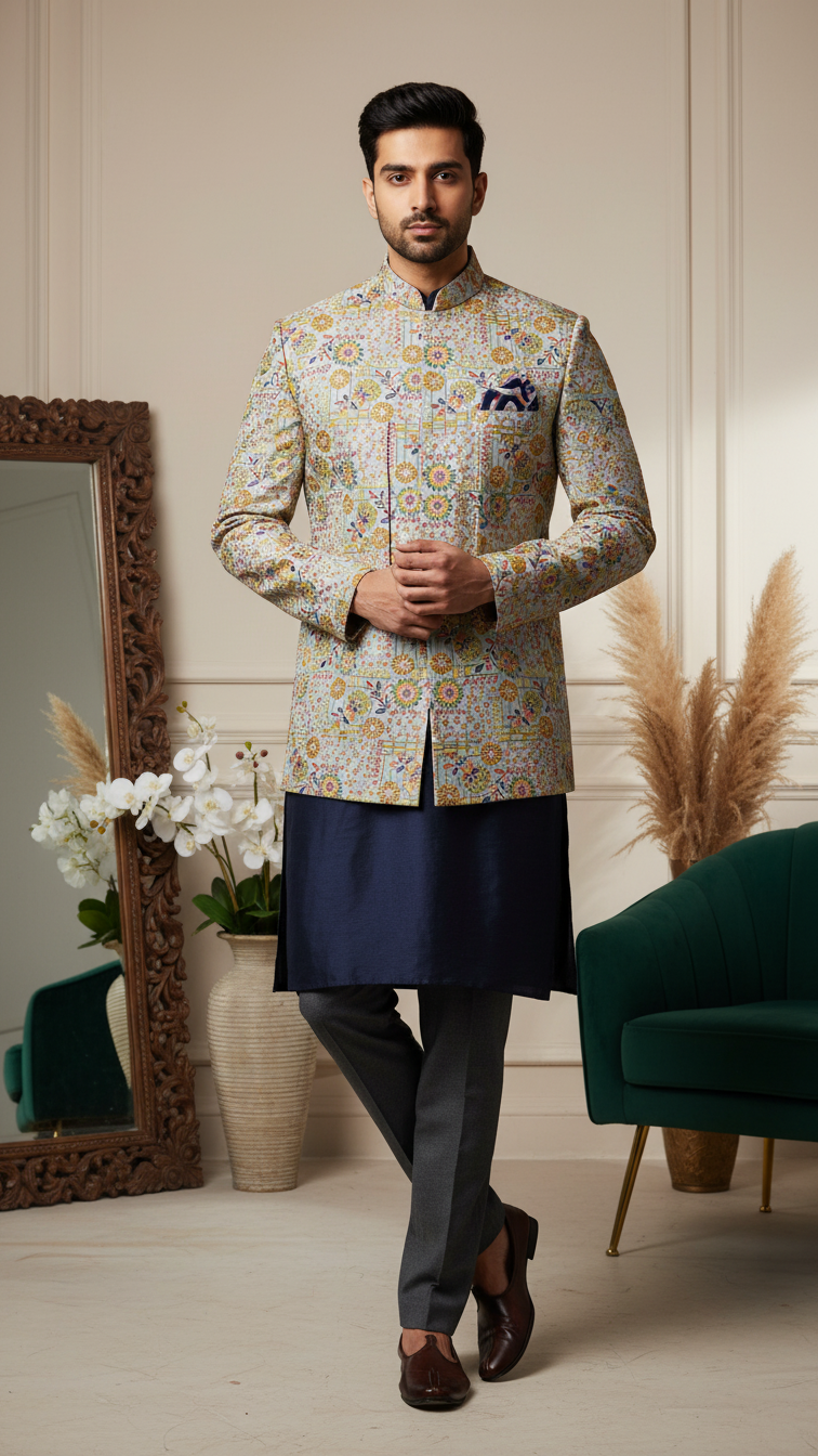 Designer Position Print Nehru Jacket Koti Only Fabric