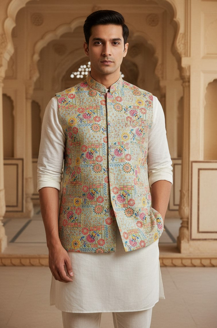 Designer Position Print Nehru Jacket Koti Only Fabric