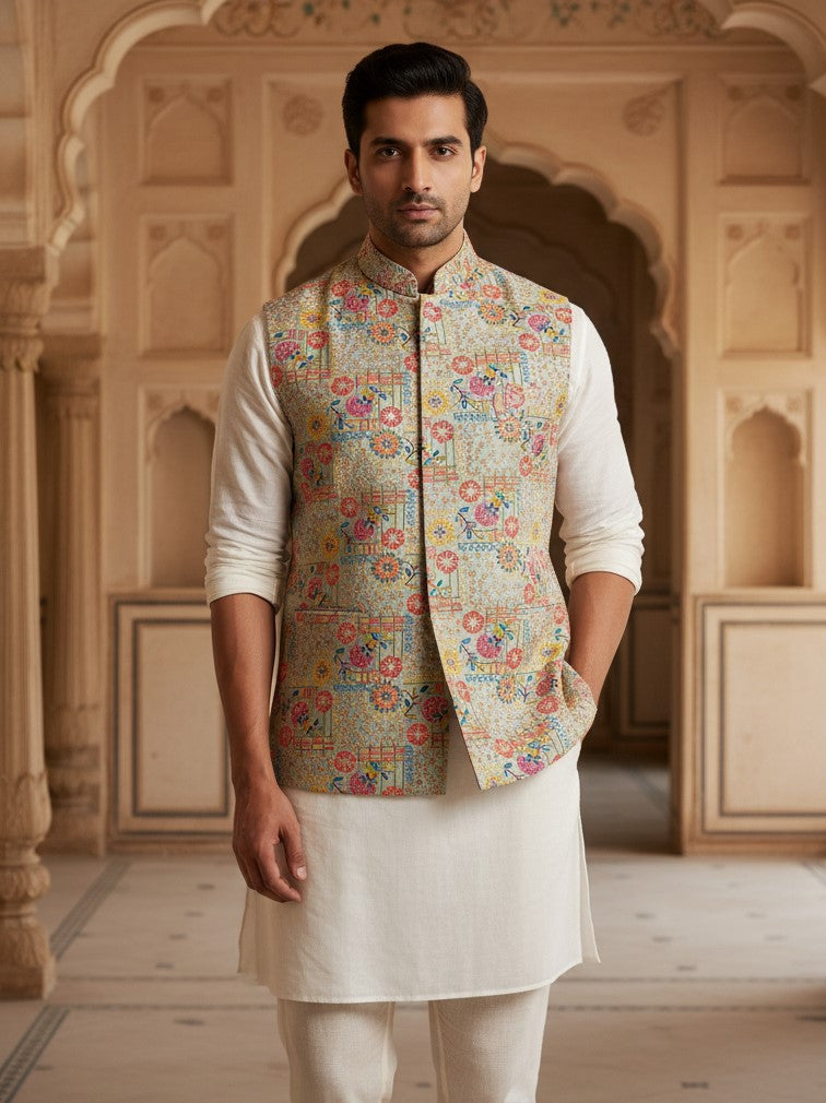 Designer Position Print Nehru Jacket Koti Only Fabric