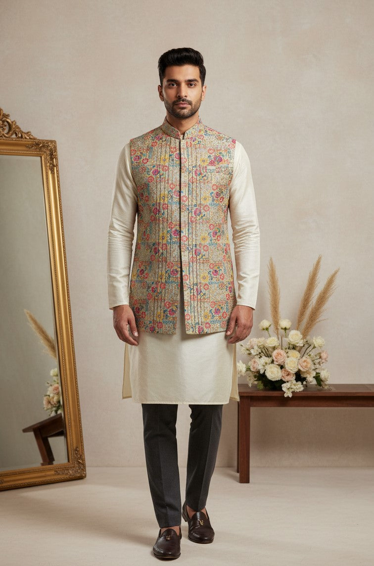 Designer Position Print Nehru Jacket Koti Only Fabric