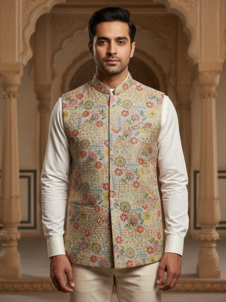Designer Position Print Nehru Jacket Koti Only Fabric