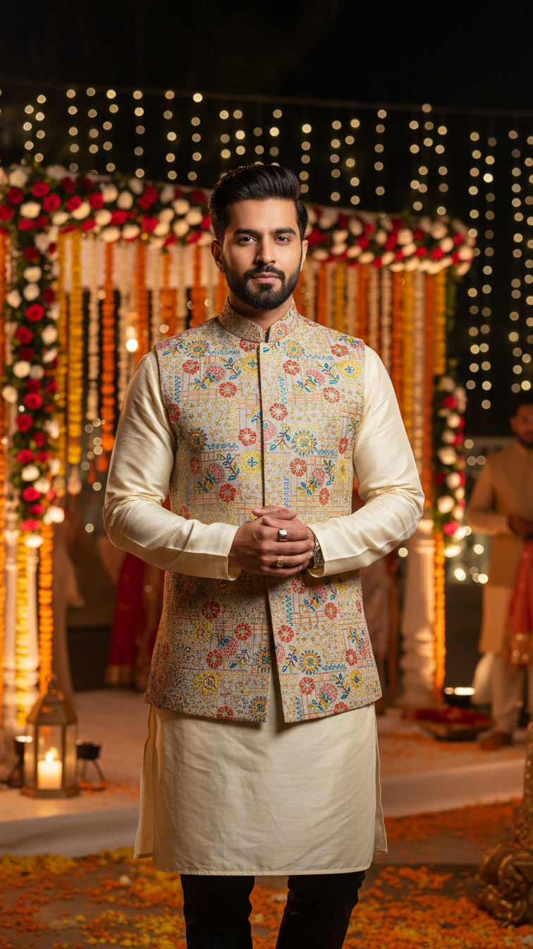 Designer Position Print Nehru Jacket Koti Only Fabric