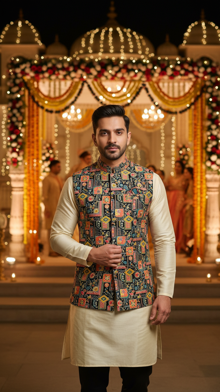 Designer Floral Position Printed Nehru Koti Only Fabric