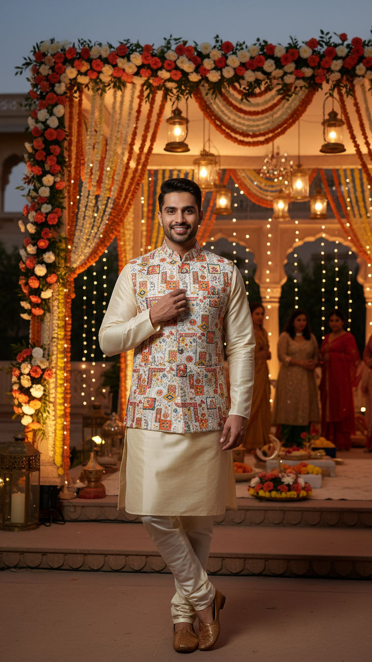 Designer Floral Position Printed Nehru Koti Only Fabric