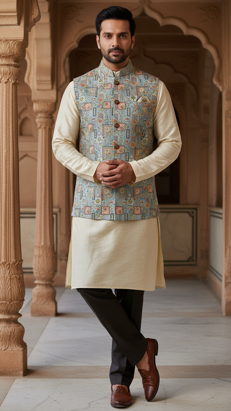 Designer Floral Position Printed Nehru Koti Only Fabric