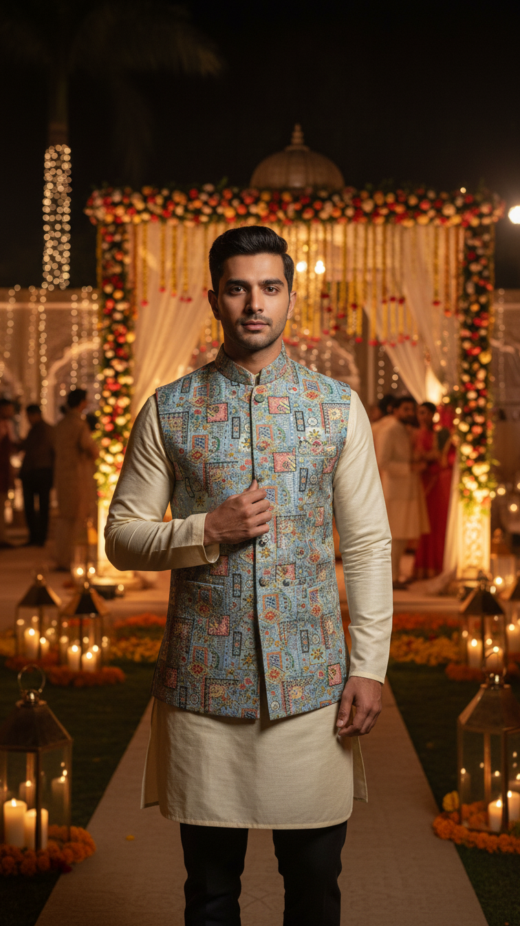 Designer Floral Position Printed Nehru Koti Only Fabric