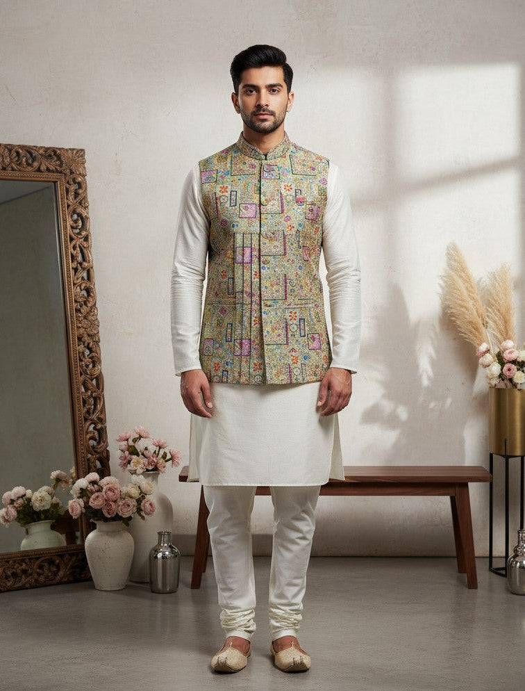 Designer Floral Position Printed Nehru Koti Only Fabric