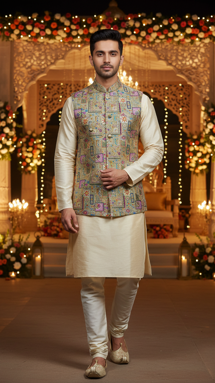 Designer Floral Position Printed Nehru Koti Only Fabric