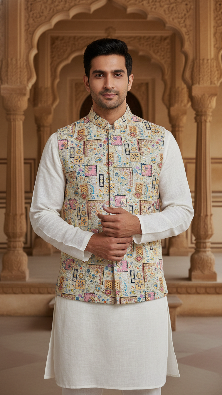 Designer Floral Position Printed Nehru Koti Only Fabric