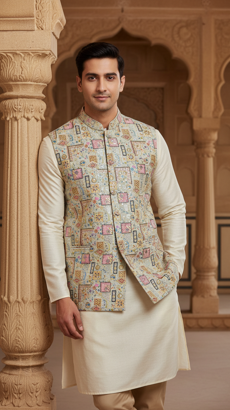 Designer Floral Position Printed Nehru Koti Only Fabric