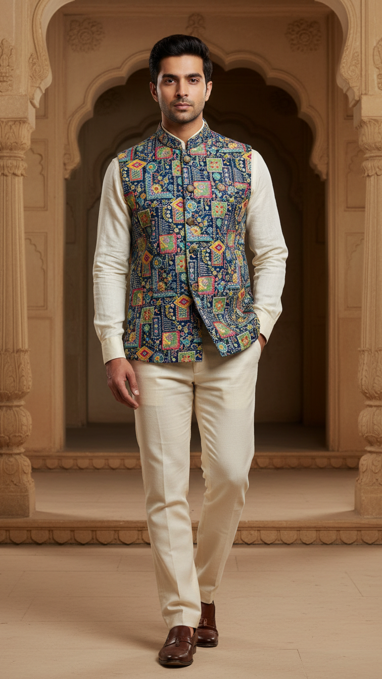 Designer Floral Position Printed Nehru Koti Only Fabric